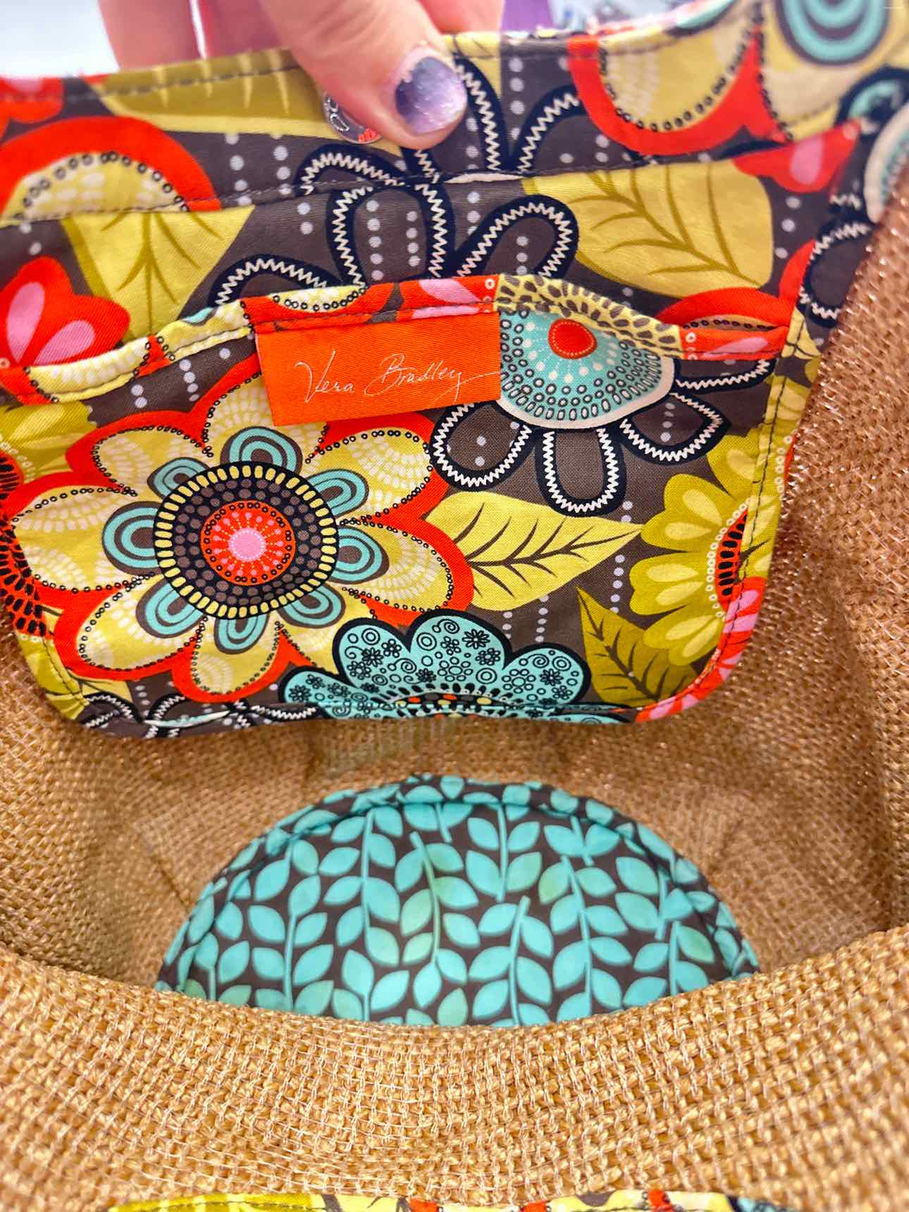 Vera Bradley Straw Bucket Tote Floral Pattern Brown and Orange Trim Handbag