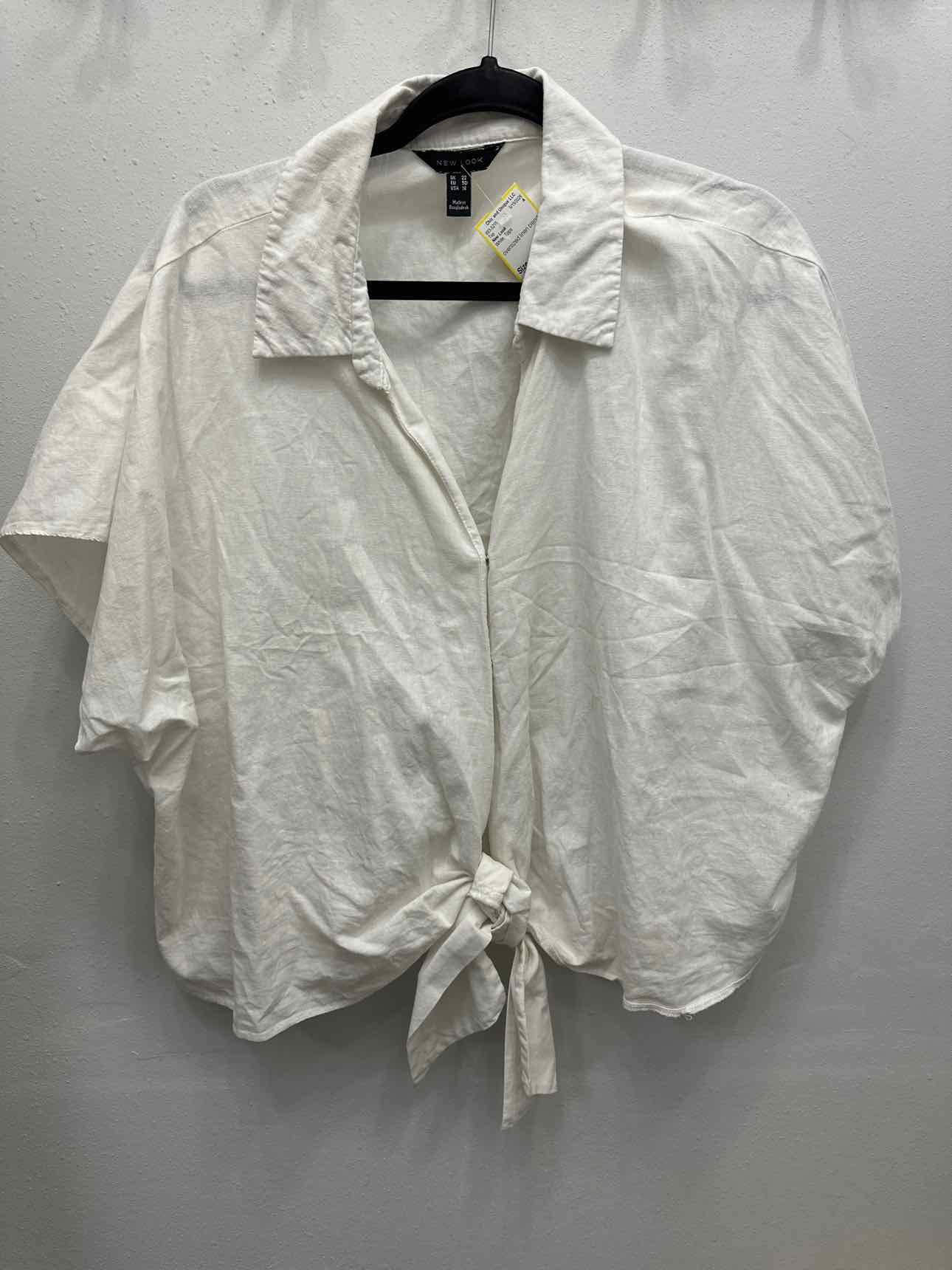 New Look Size 18 White Linen Blend Tie Front Short Sleeve Top