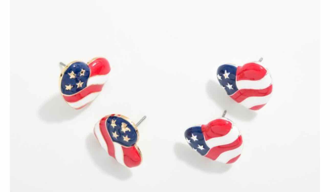 Americana Flag Heart Patriotic Post Drop Enamel Earrings