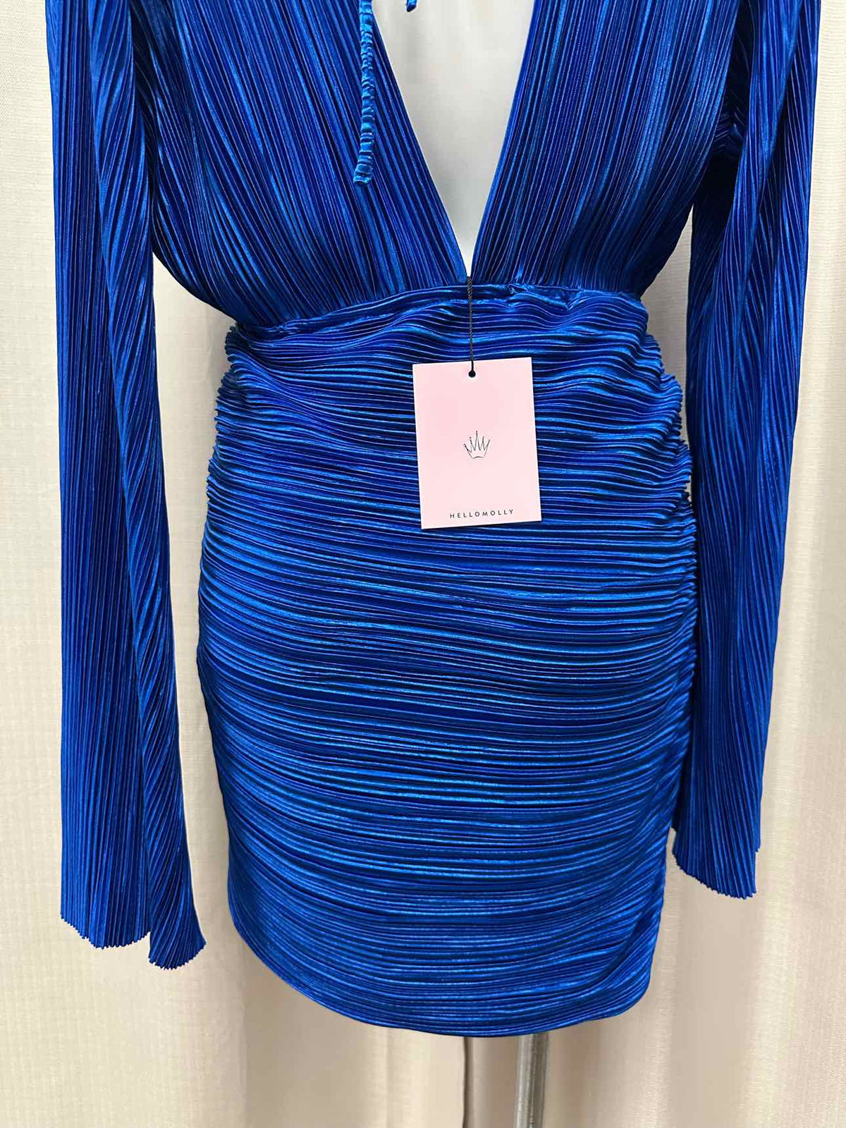 Hello Molly NEW NWT Ribbed Plunge Long Sleeve Ruched Skirt Size 10 Blue Dress