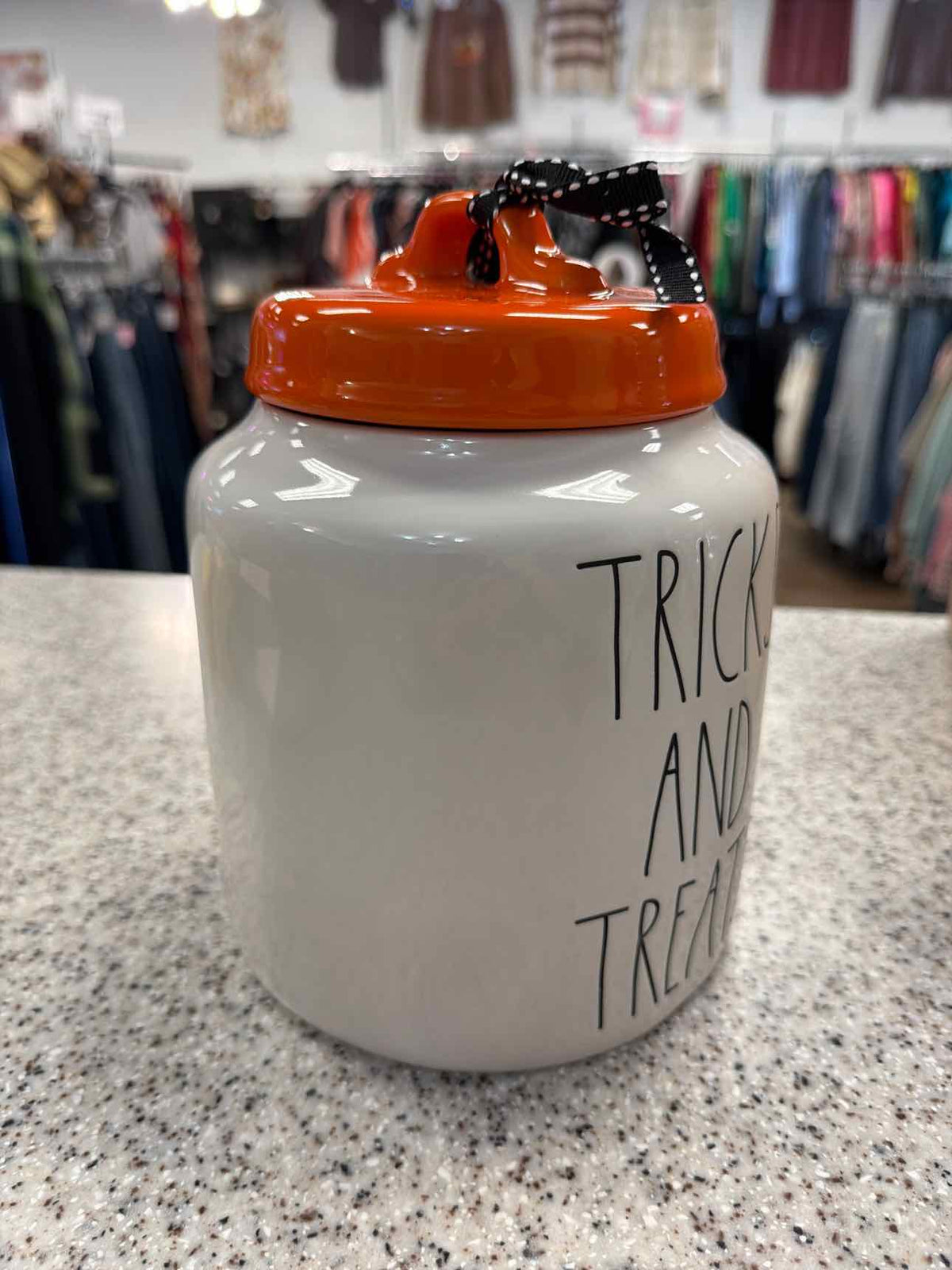Rae Dunn NEW "Tricks and Treats" Halloween Ceramic Cookie Jar and Lid Household