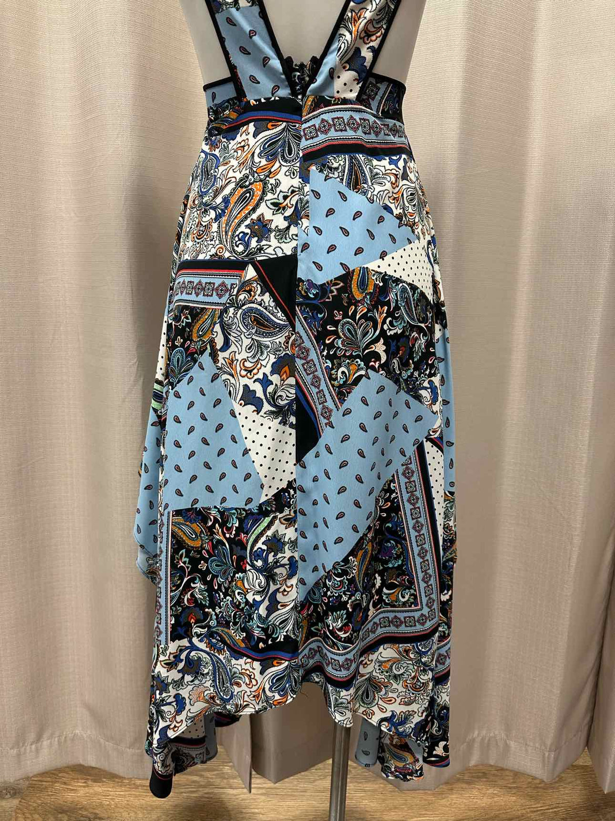 Topshop Paisley Patchwork Plunge Neckline Open Back Maxi Size 2 Blue/White Dress
