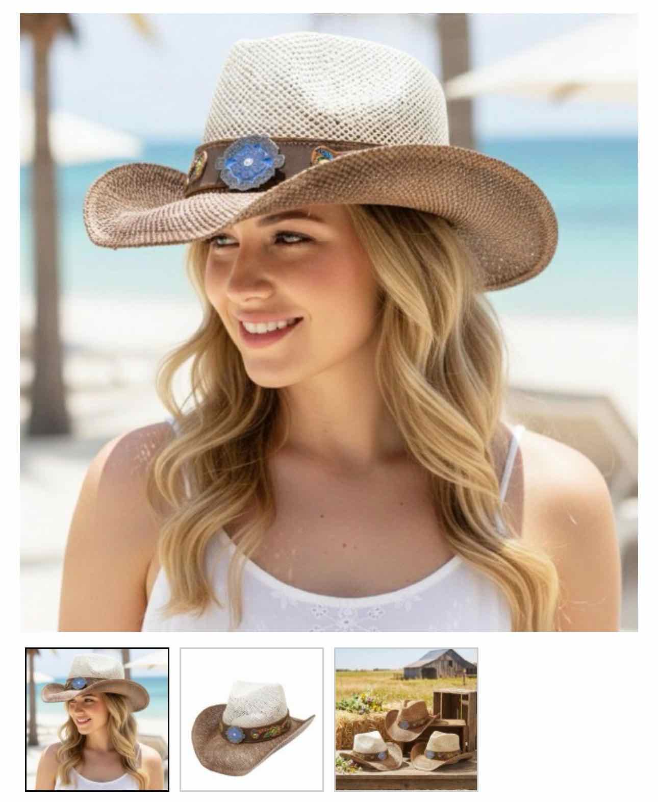Two Tone Straw Cowboy Hat With Floral Band & Concho