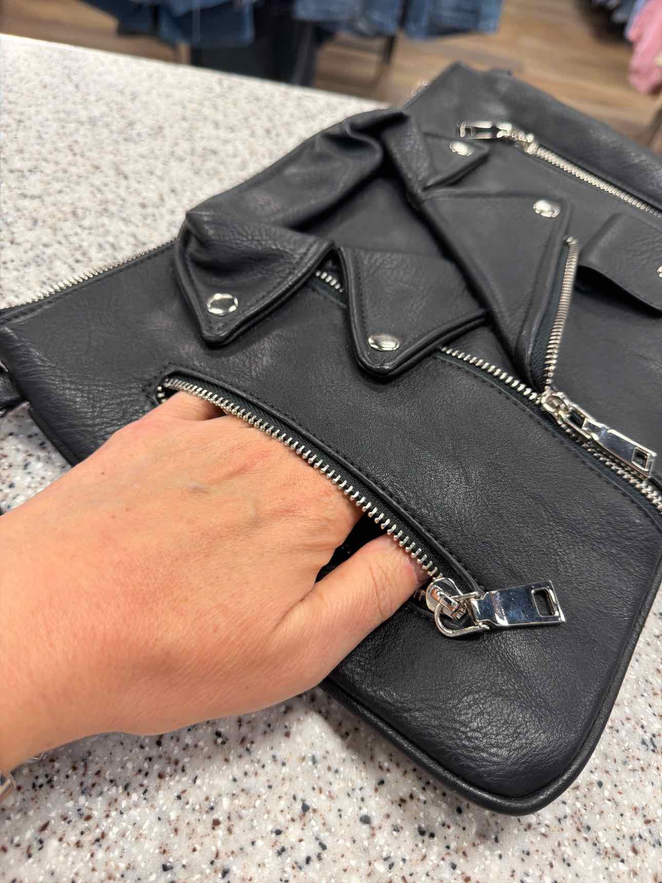 Moto Biker Jacket Crossbody Wristlet Strap Faux Leather Black Clutch