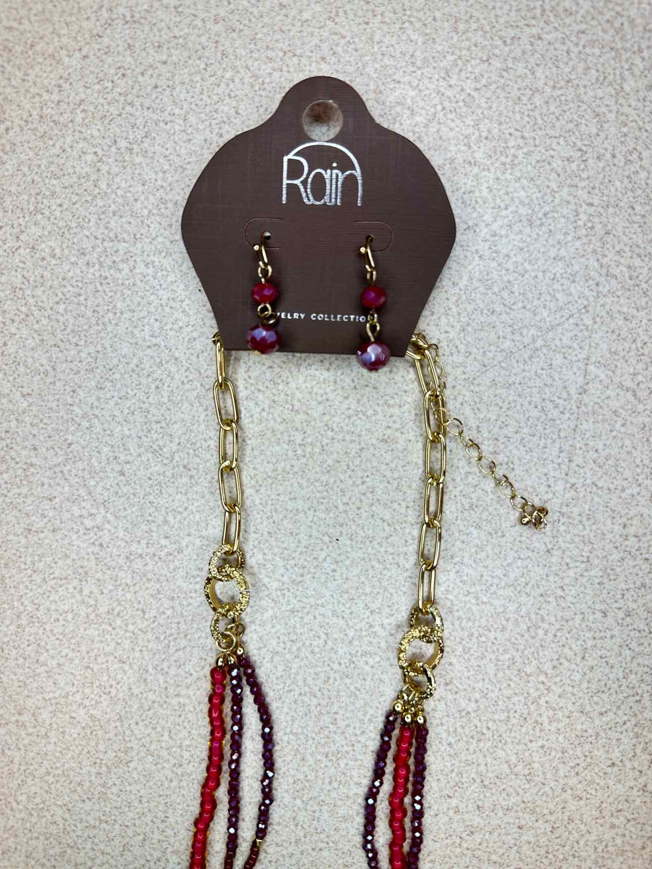 Raspberry Beads Layering Adjustable Necklace Earrings Gold-Tone Set
