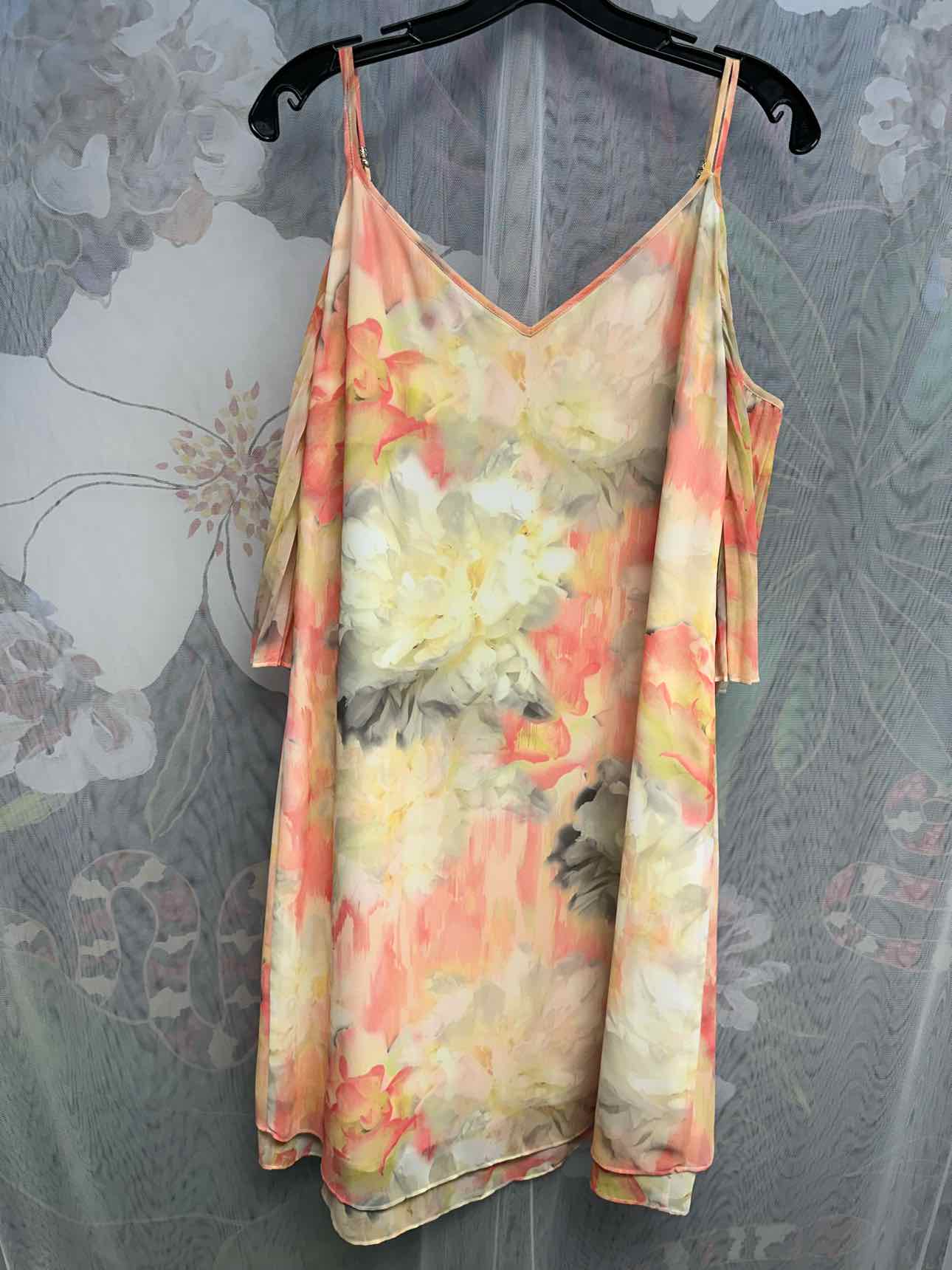WHBM Floral Cold Shoulder Pleated Short Sleeve Semi Sheer 6 Pink/Yellow Dress