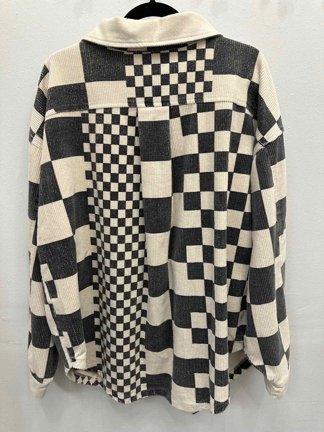 Bibi Oversized Ribbed Checkered Patchwork Button Down Medium White/Grey Shacket