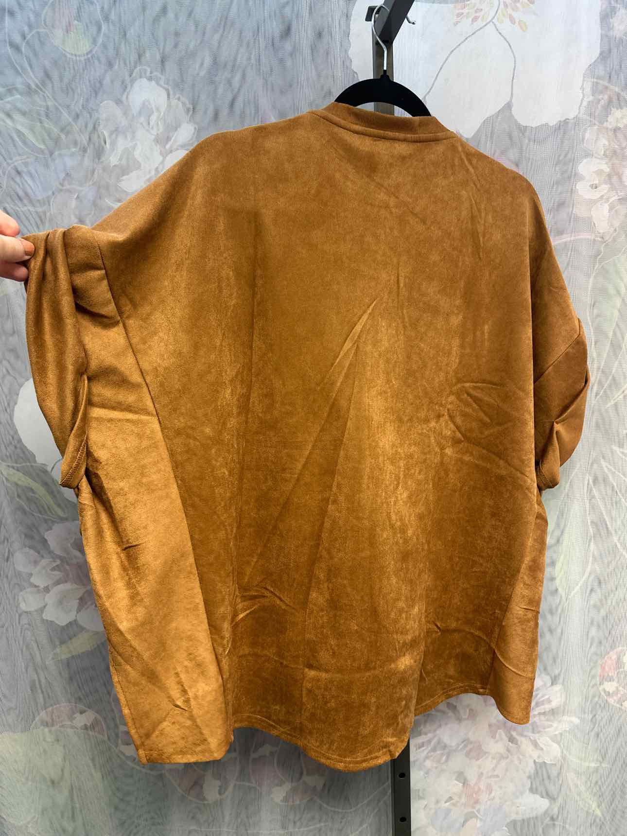 Blue B Studded High Low Oversized Suede-Like Fabric Short Sleeve Camel Top
