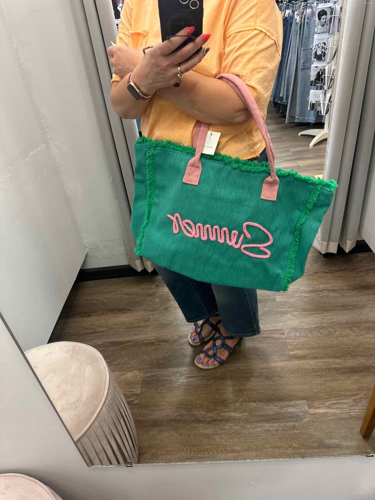 Summer Canvas Beach Tote Large Green and Pink Handbag