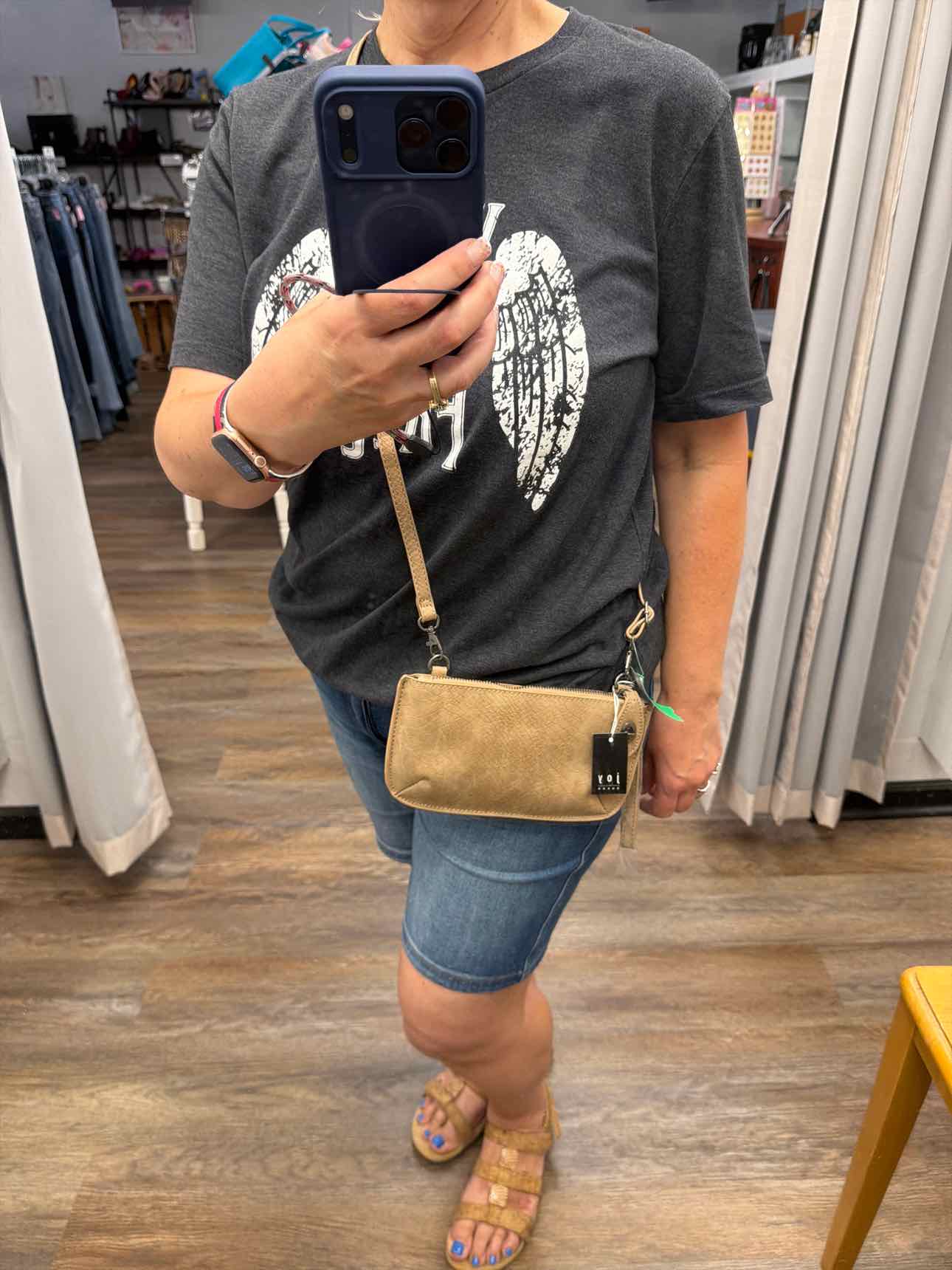 Joy Susan Small Slim Clutch Crossbody Tan Twist Lock Wristlet Handbags