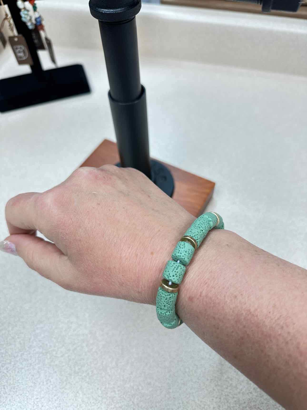 Volcanic Barrel Bead Green Stretch Bracelet