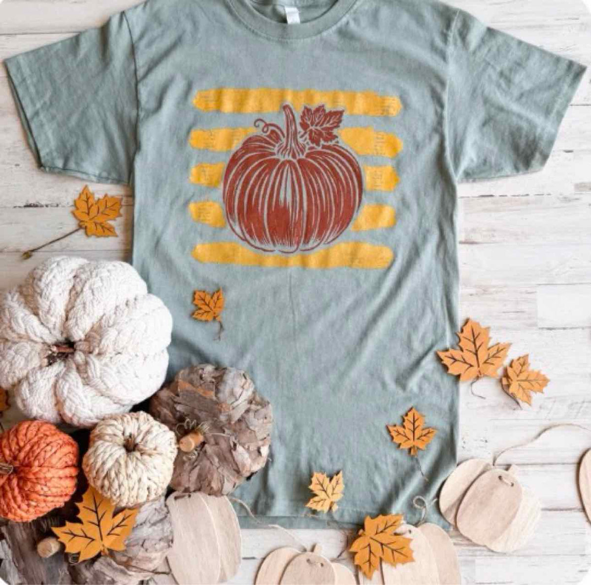 Pumpkin Stripe Graphic Fall Harvest Sage Tshirt Short Sleeve Top