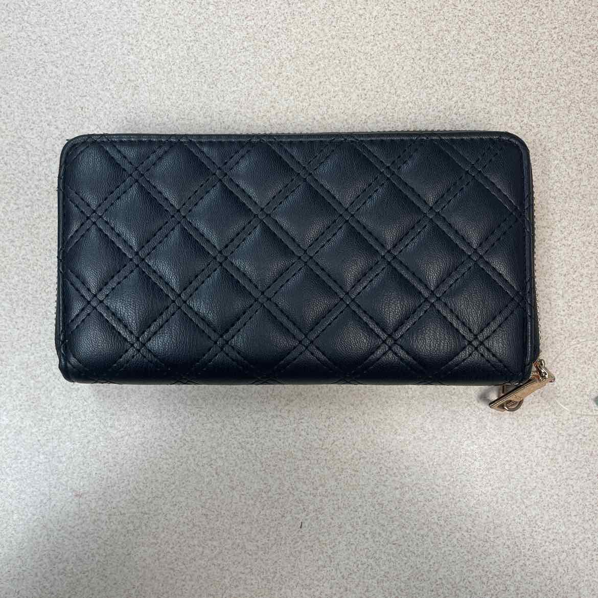 bebe Black Quilted Faux-Leather Zip-Around Wallet Gold Tone