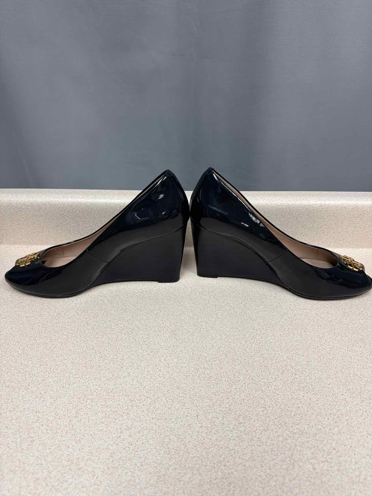 Tory Burch Size 7.5 patent leather wedge, peep toe slip on Black Sandals Shoes