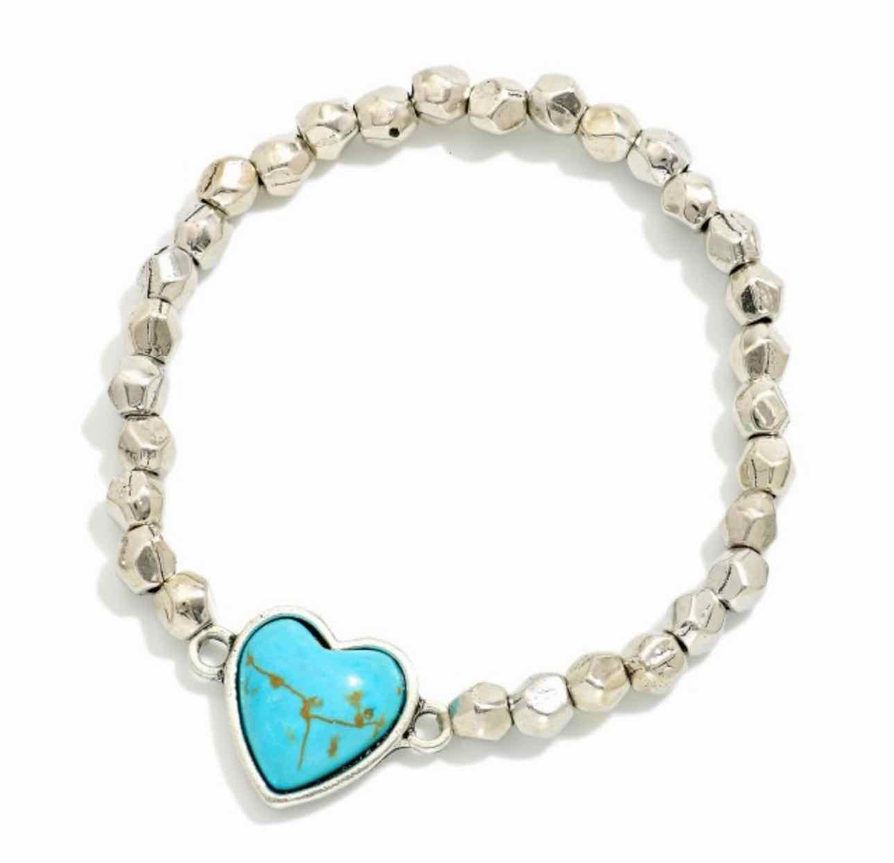 Beaded Stretch Bracelet Turquoise Heart Charm