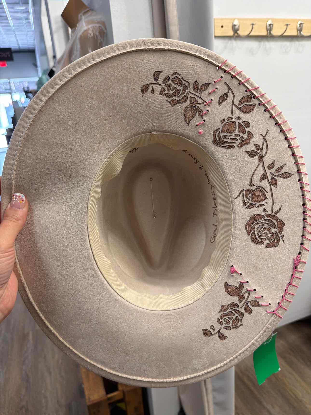 Custom handmade burned cowgirl cowboy hat with rose burnished patch and ribbon
