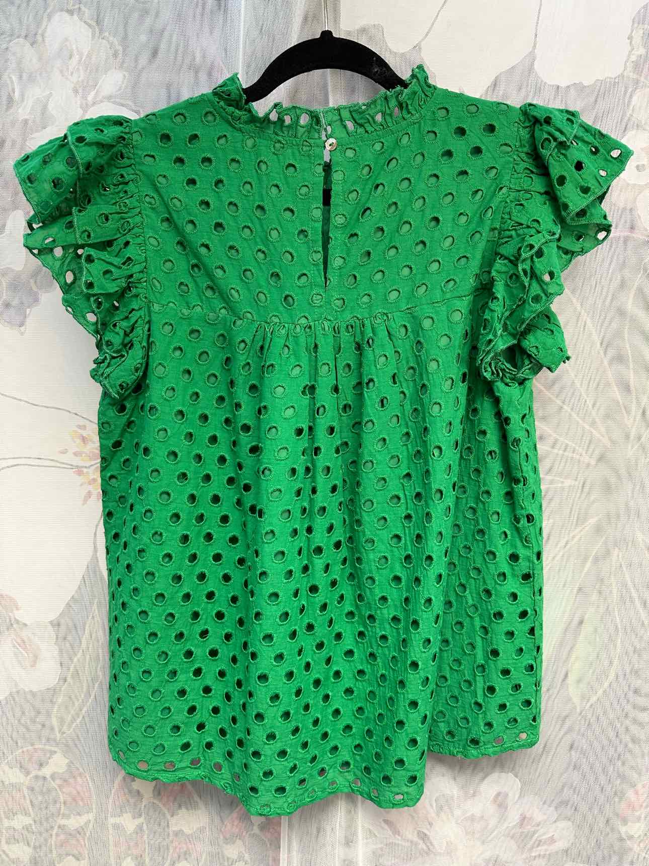 Jodifl NEW NWT Dot Embroidered Ruffle Short Sleeve Mock Neck Large Green Top