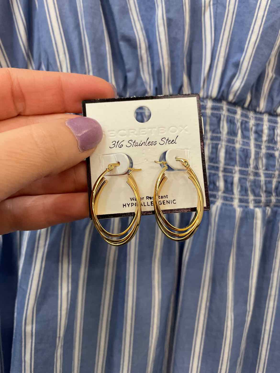 Layered Metal Tone Oval Hoop Stainless Steel 1" Gold-Tone Earrings