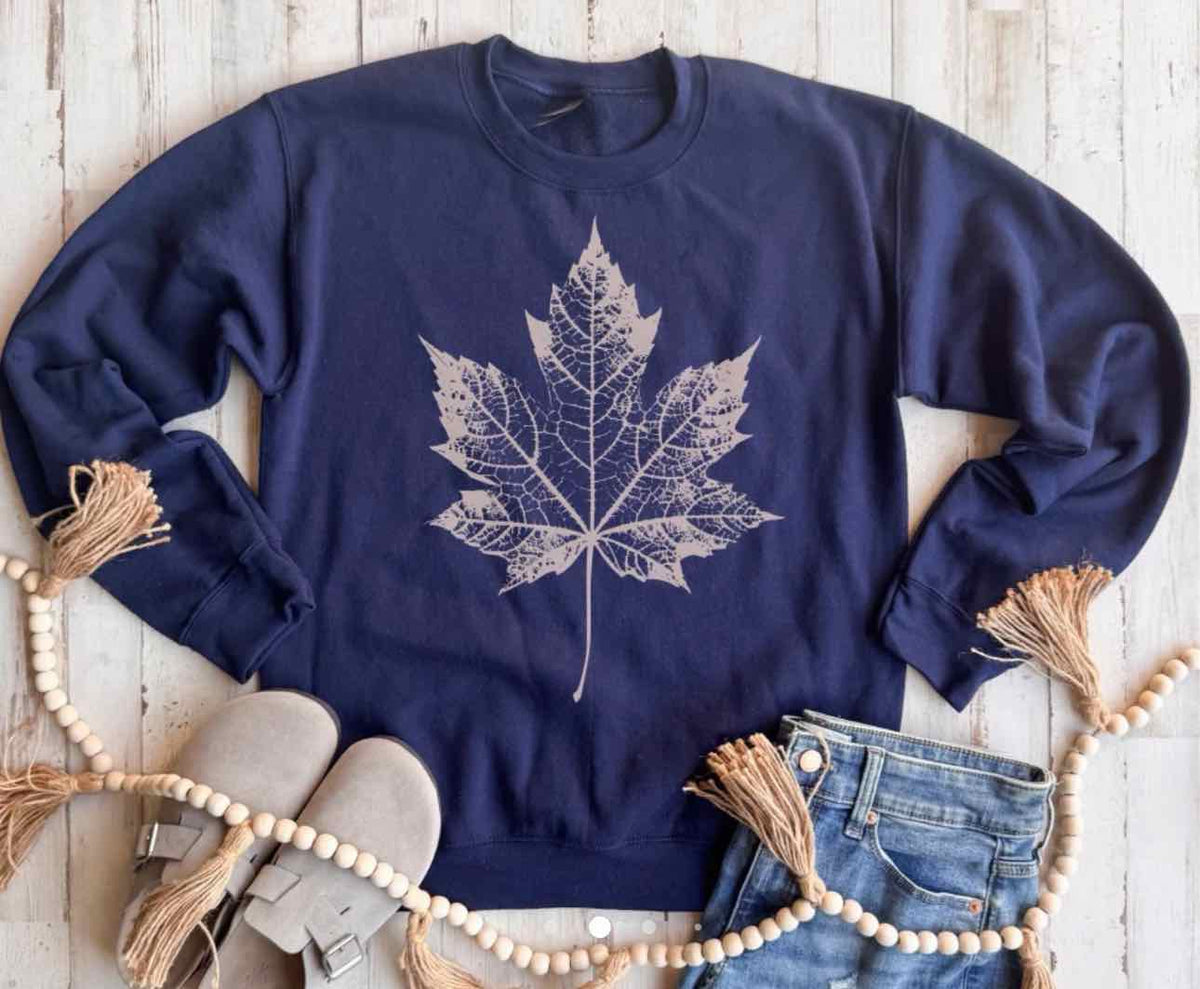 Fall Maple Leaf Screen Printed Long Sleeve Sweatshirt