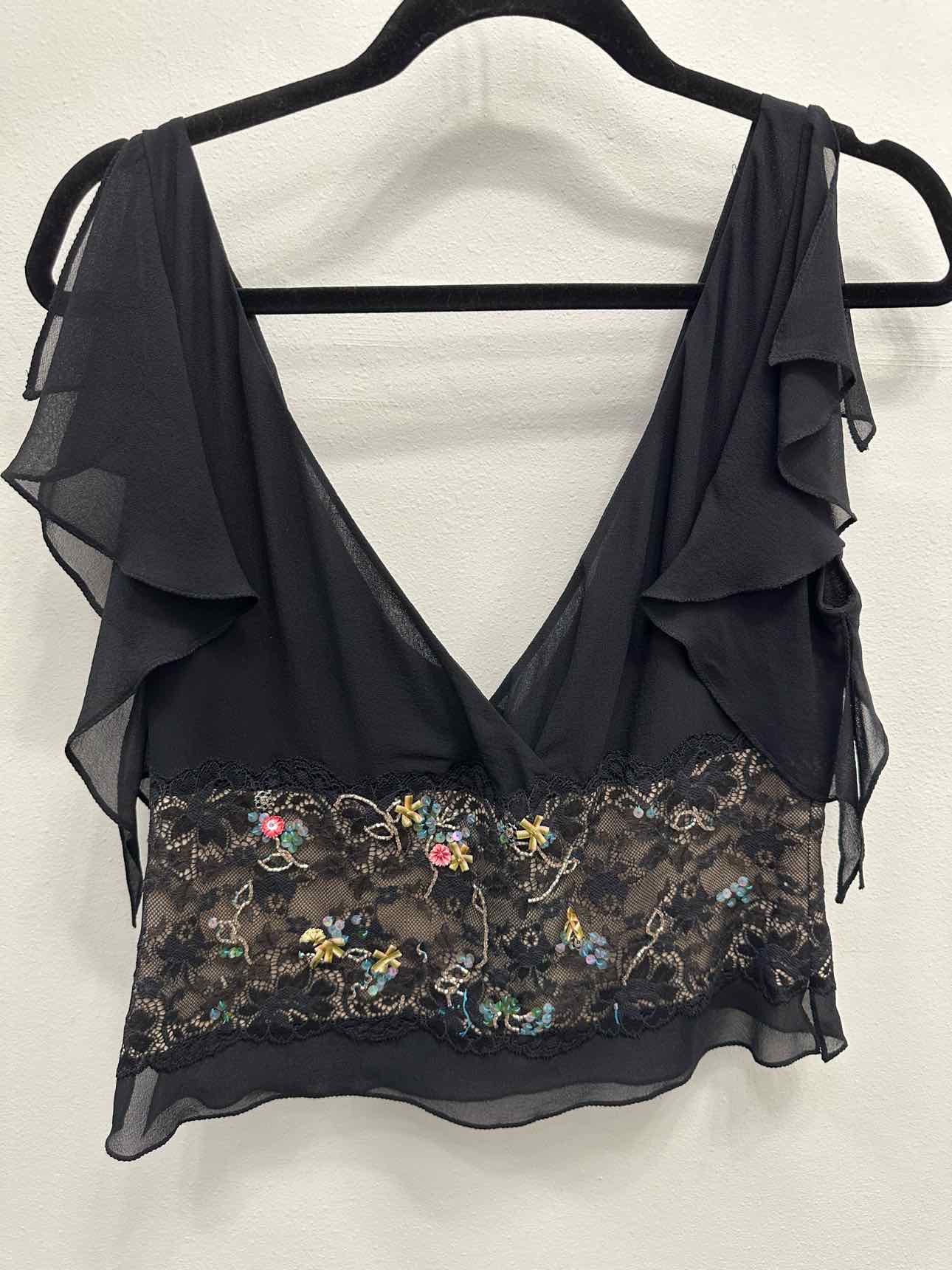 Karen Millen 100% Silk Floral Decor Lace Overlay Plunge Neck 14 Black/Tan Top