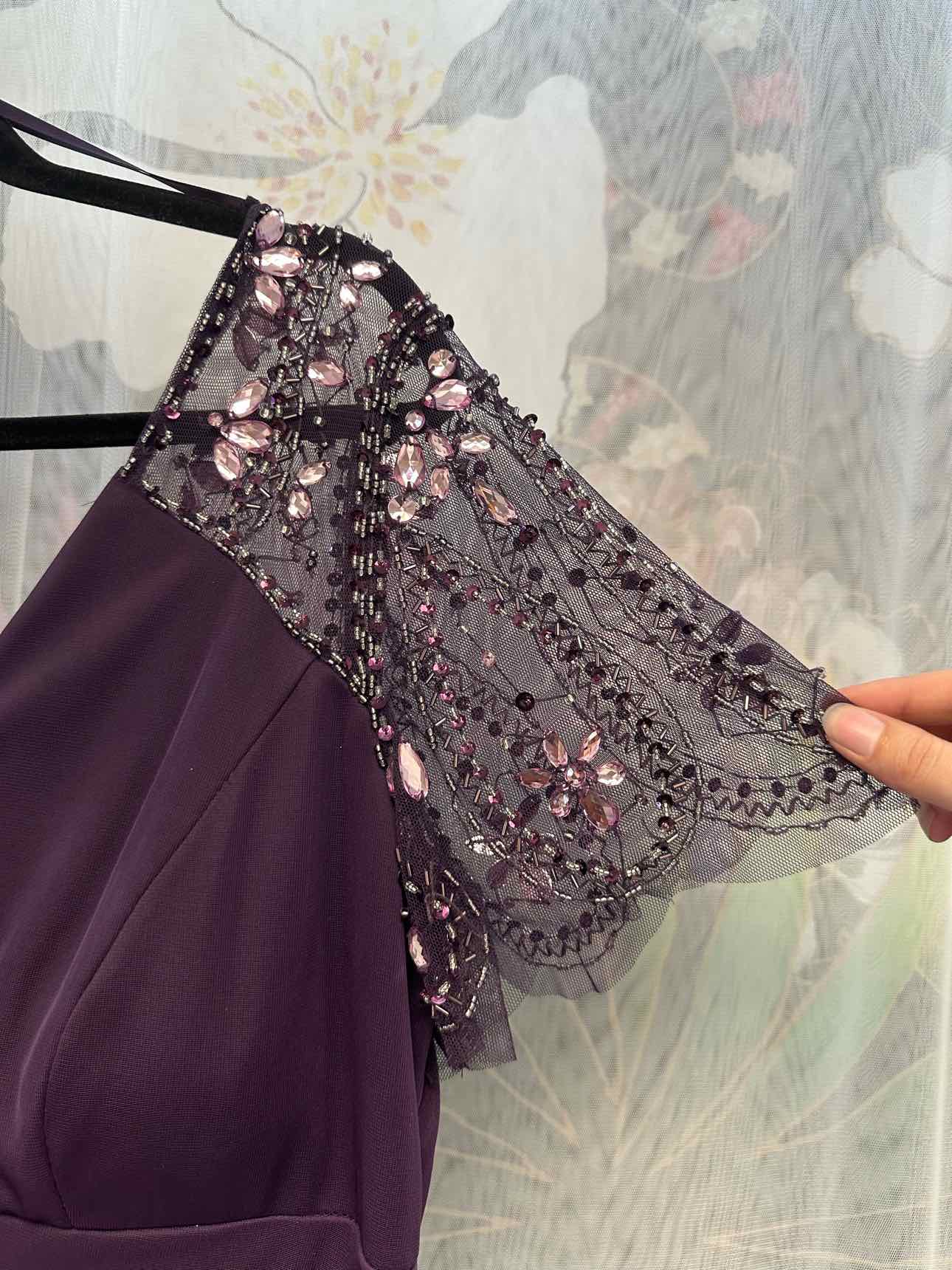NWT Xscape Size 18 purple Formal Dress rhinestone sheer short sleeves
