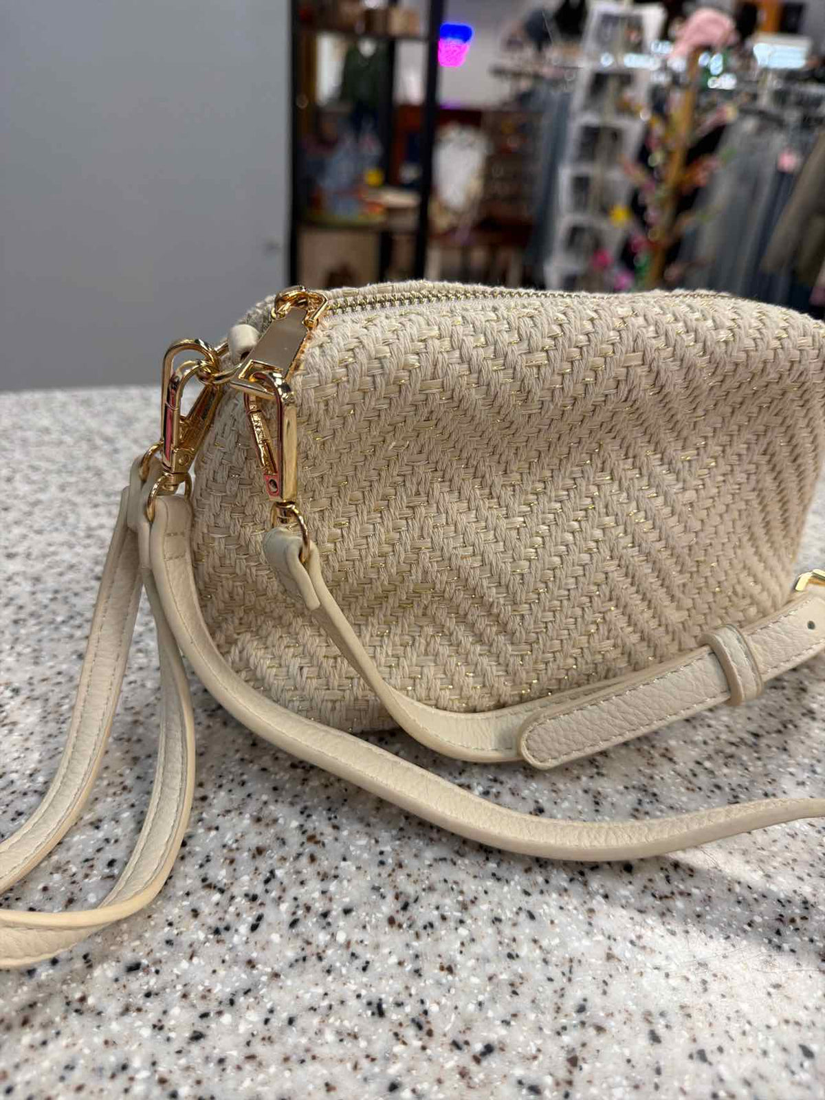 Madison West Cream Woven Canvas Gold Shimmer Crossbody Wristlet