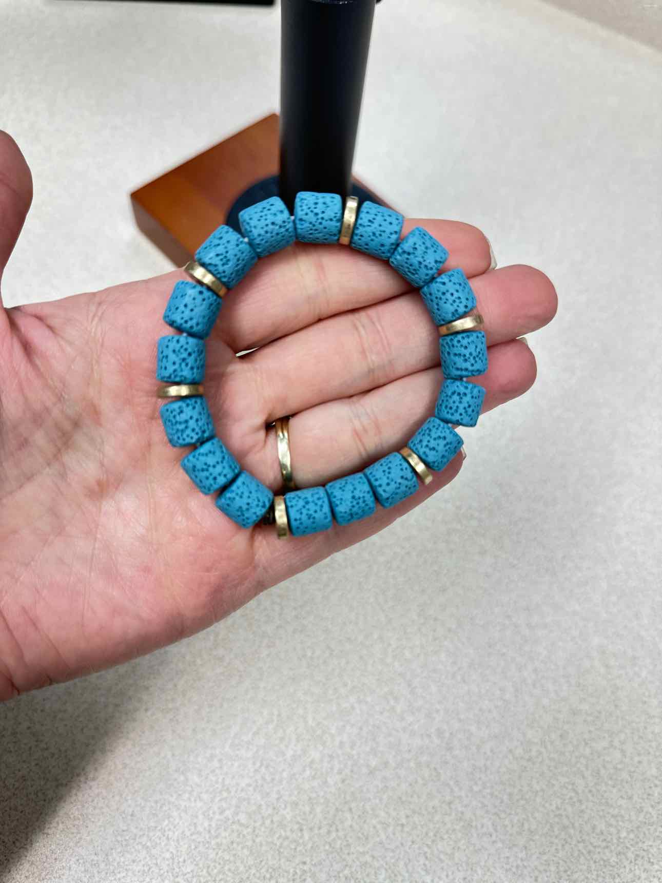 Volcanic Barrel Blue Bead Stretch Bracelet