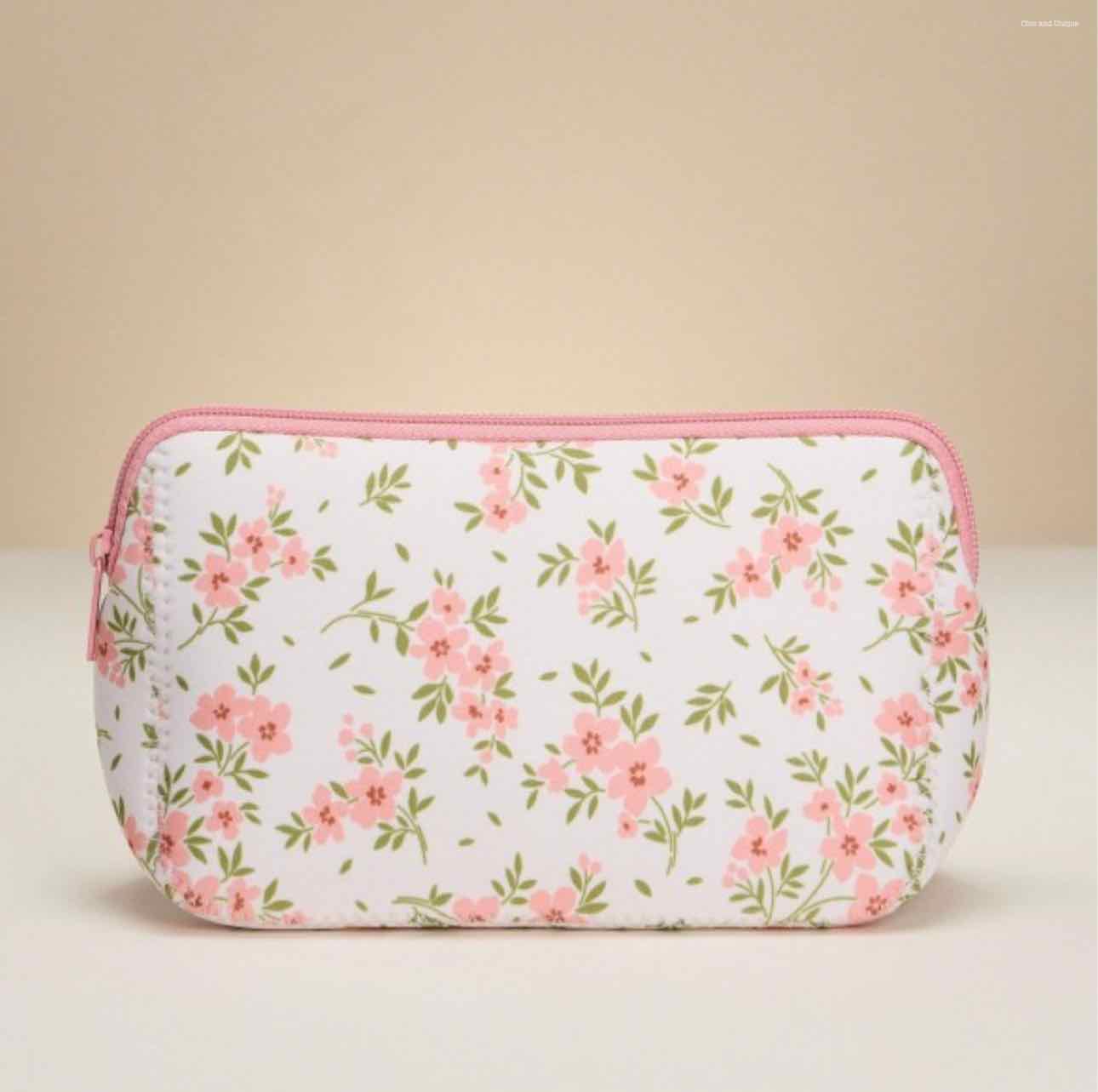 Pink Petite Flower Print Neoprene Zipper Pouch