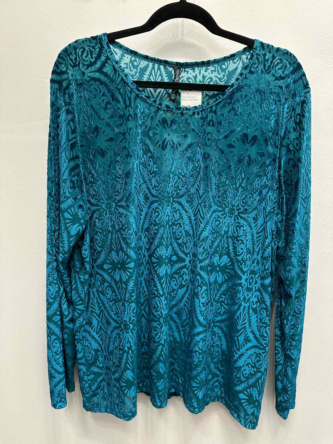 Sterling Kreek NEW NWT Velour Semi Sheer Long Sleeve Size 3X Teal Top