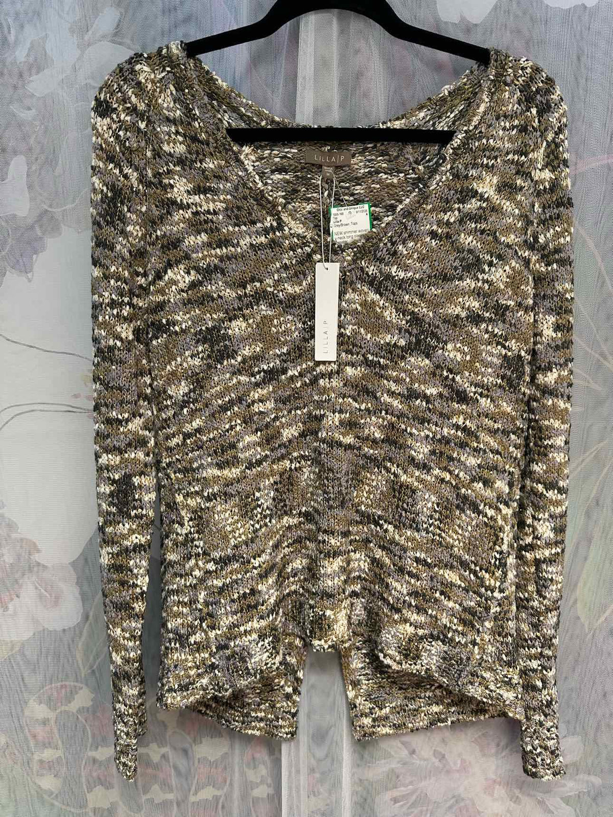Lilla P NEW NWT Sequin Woven V-Neck Long Sleeve Size Medium Grey/Brown Sweater