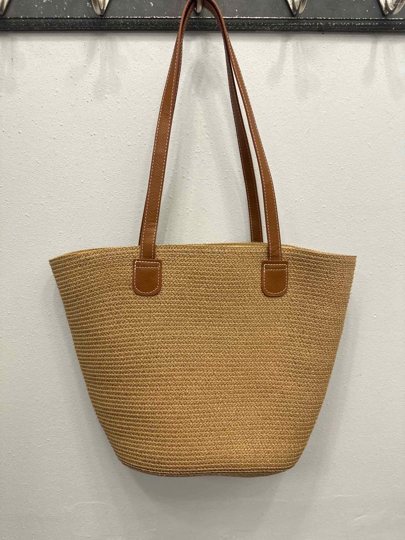 Woven Straw Tote Bag With Fanned Stripes Detail