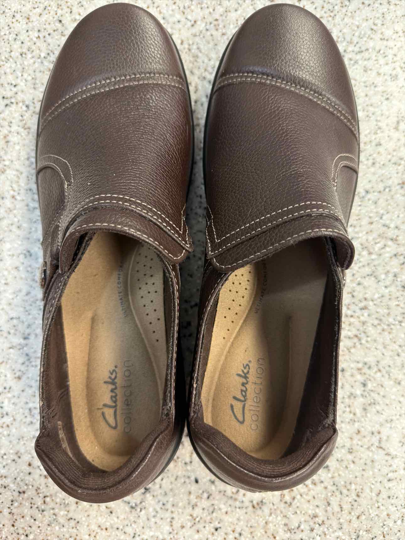 Clarks Size 9 Cora Poppy tumbled leather slip-on loafers Dark Brown Shoes
