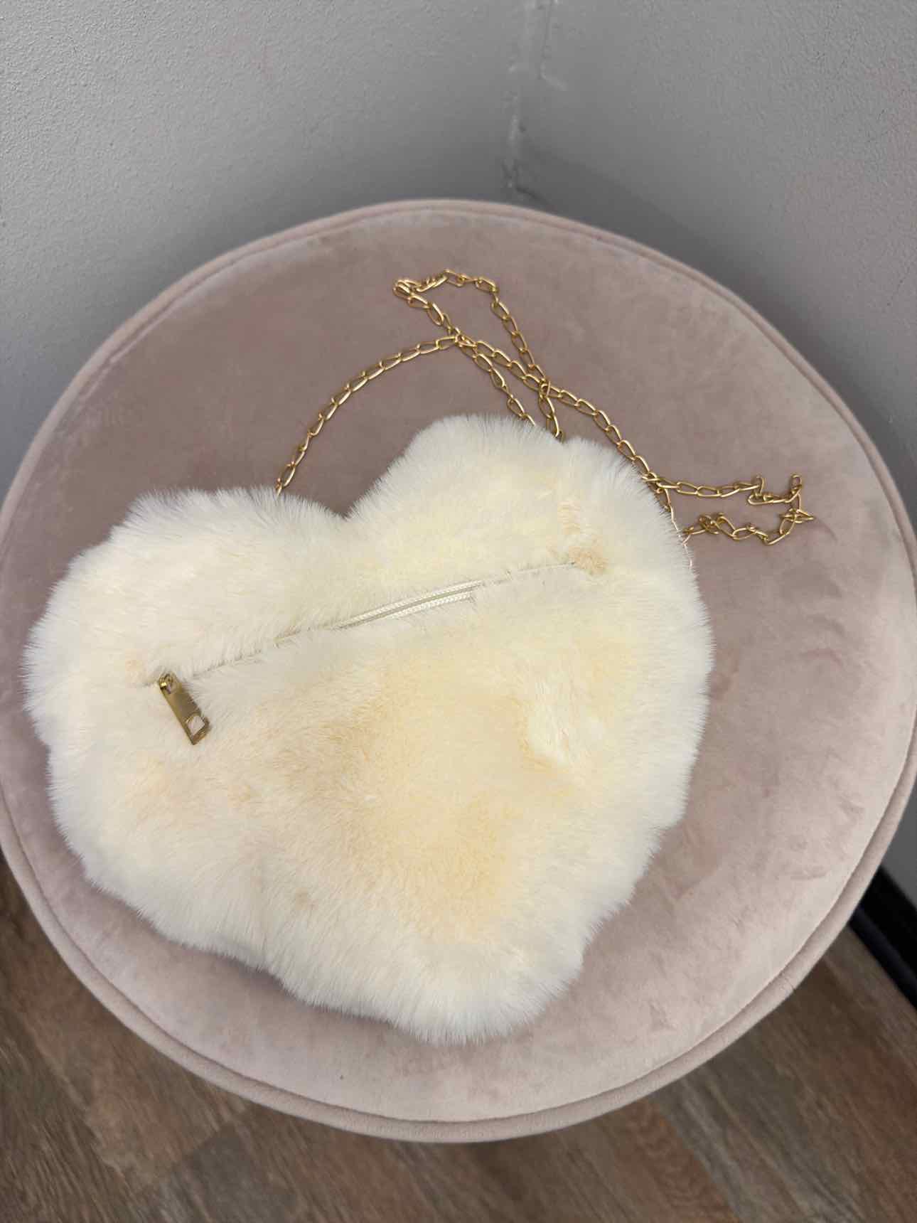 Small White Faux Fur Heart Shaped Gold-Tone Chain Crossbody Handbags