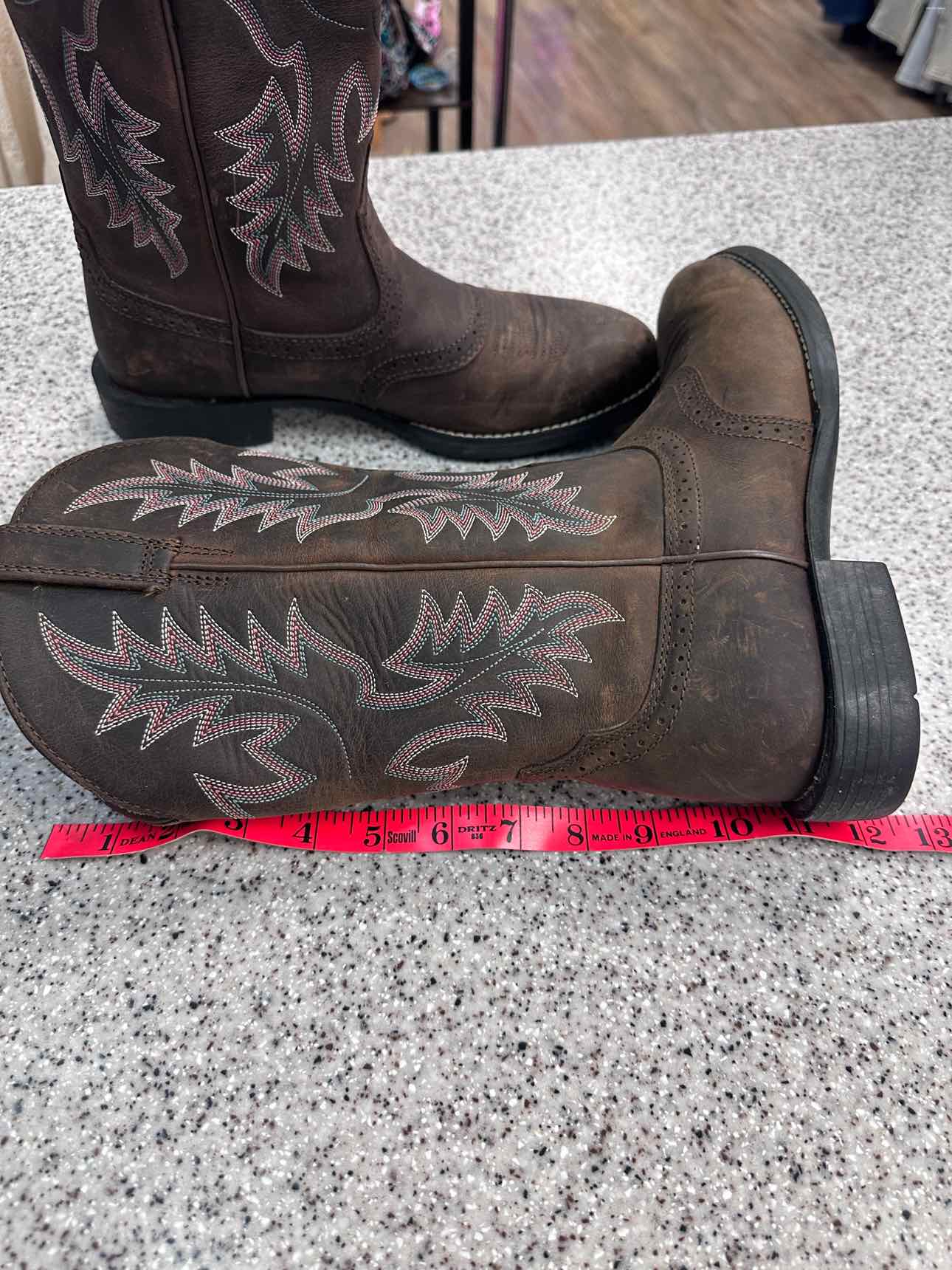 Ariat Size 9B Heritage Distressed Leather Stitch Western Dark Brown Cowboy Boots