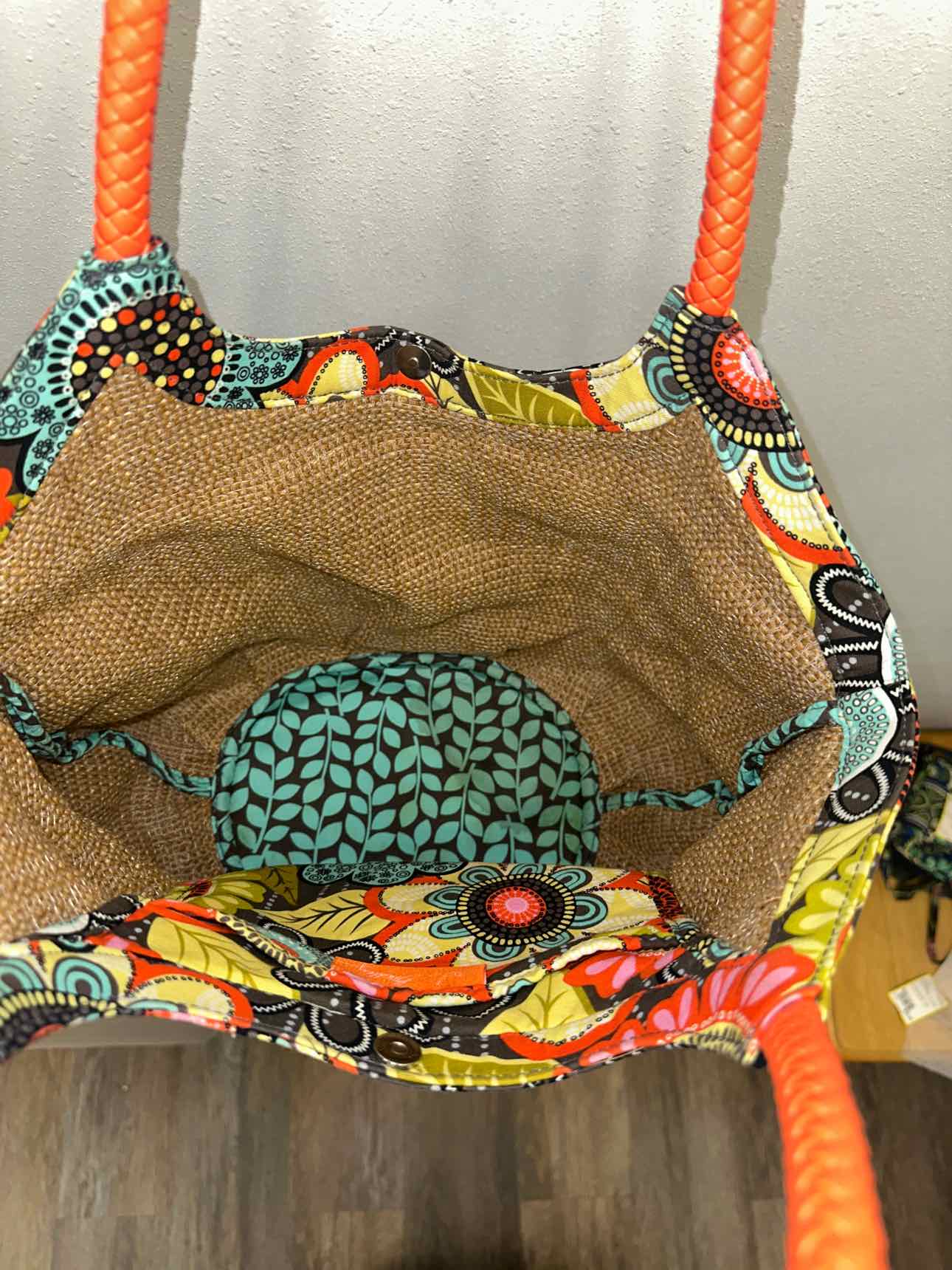 Vera Bradley Straw Bucket Tote Floral Pattern Brown and Orange Trim Handbag