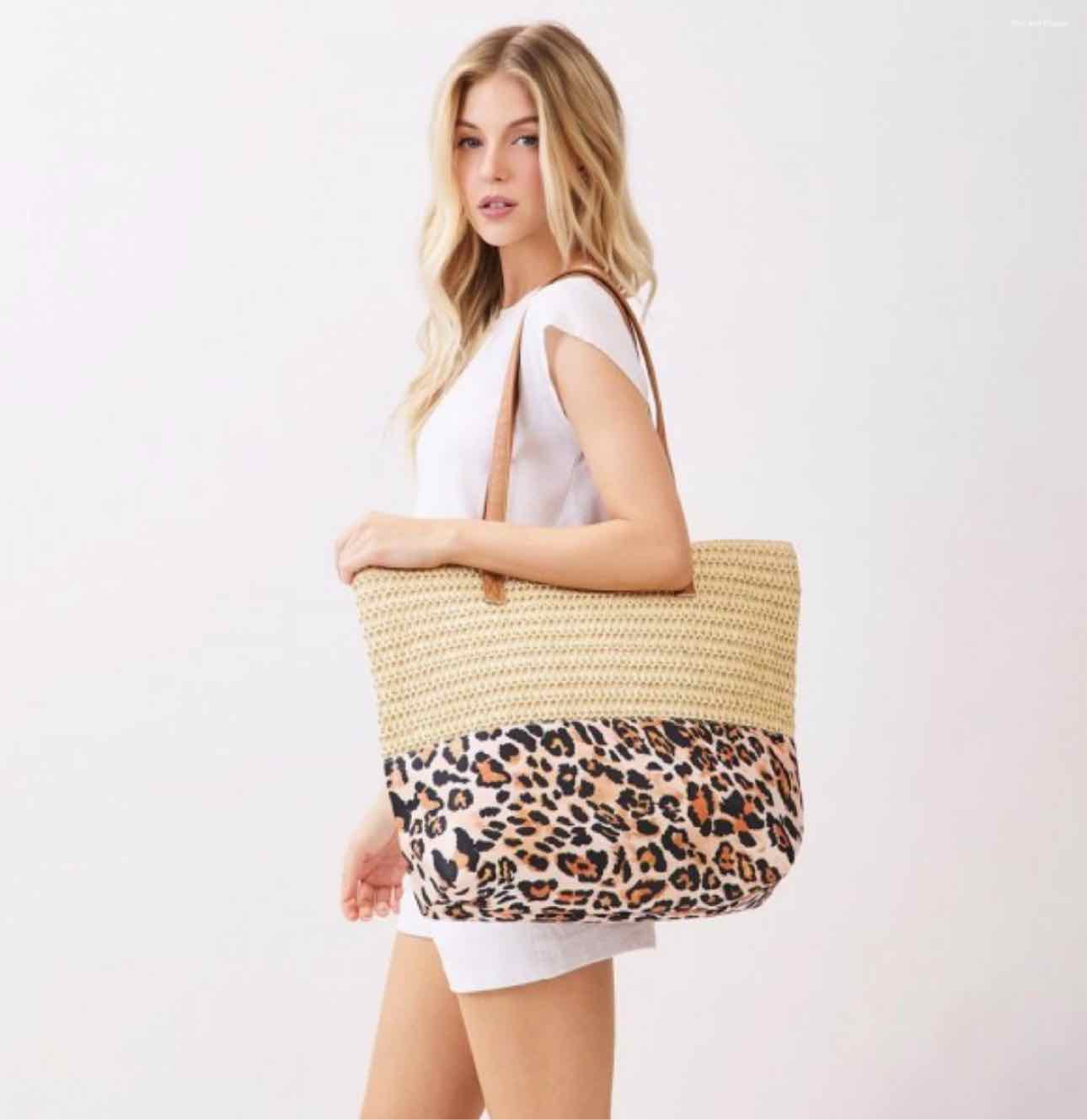 Leopard Print Straw Shoulder Summer Tote Beach Bag