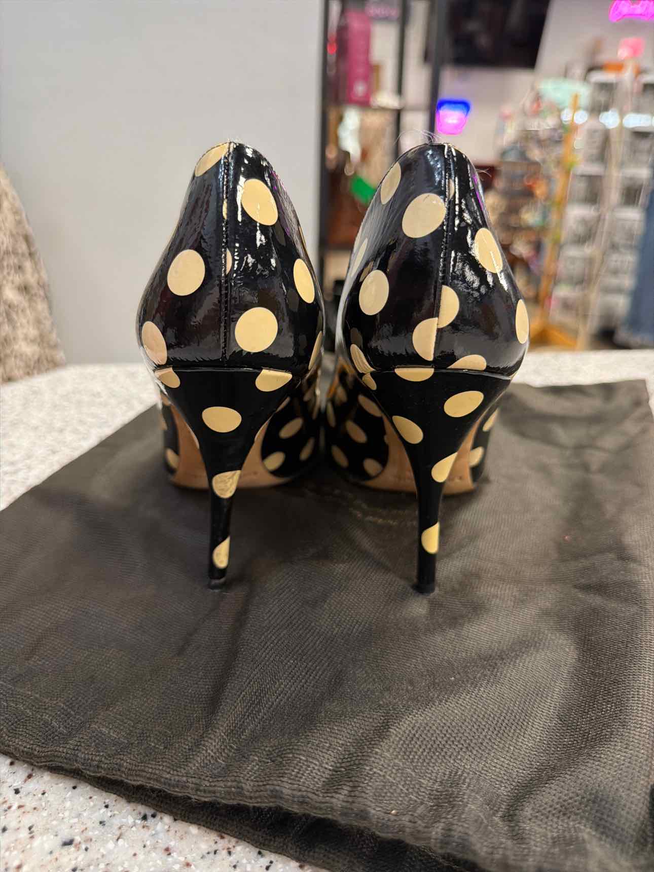 Kate Spade Size 7 Licorice Too Pump Polka Dot Leather Heels Black Tan Shoes