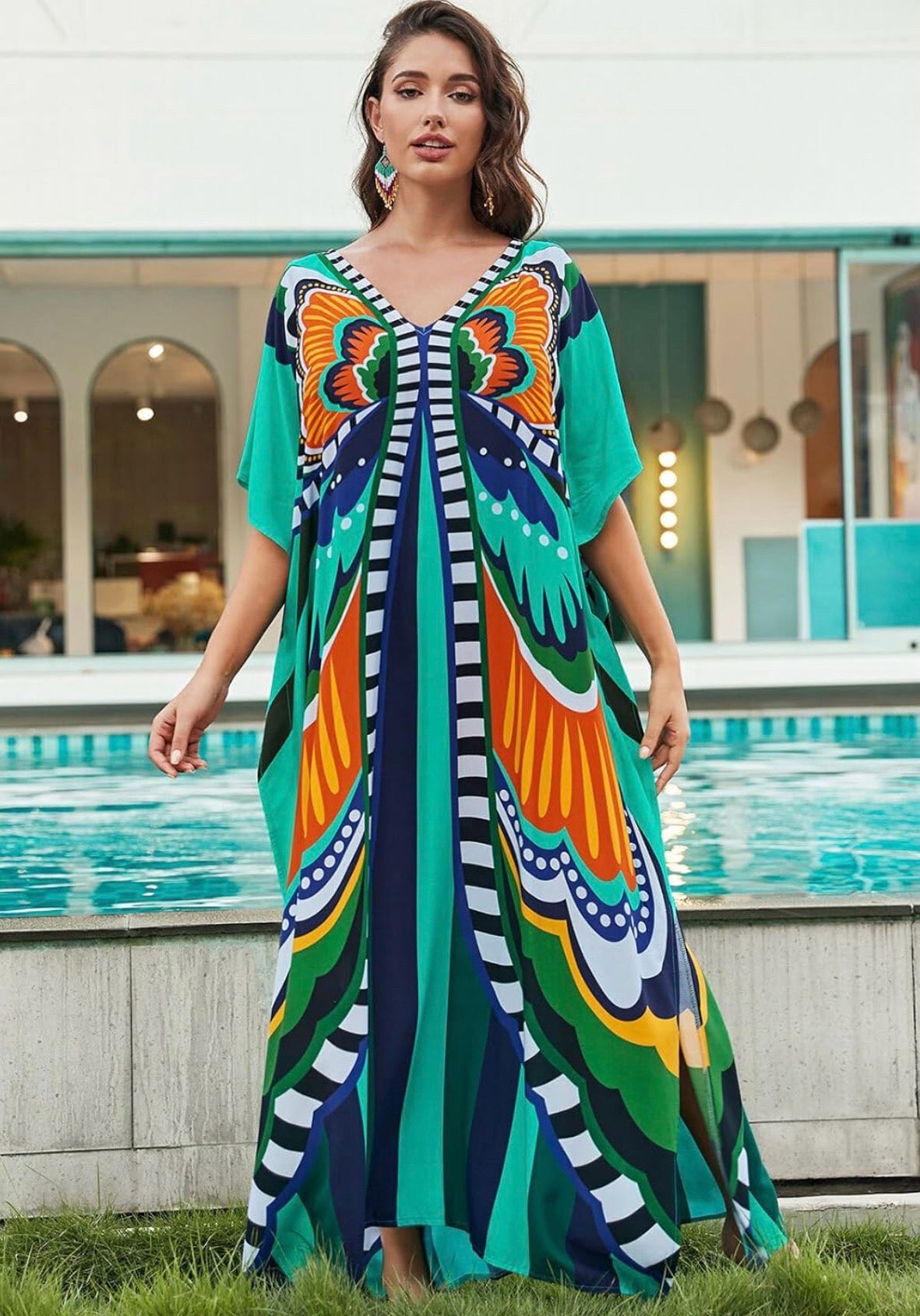 Boutique Size One Size Aqua Butterfly Kaftan Muumuu Dress
