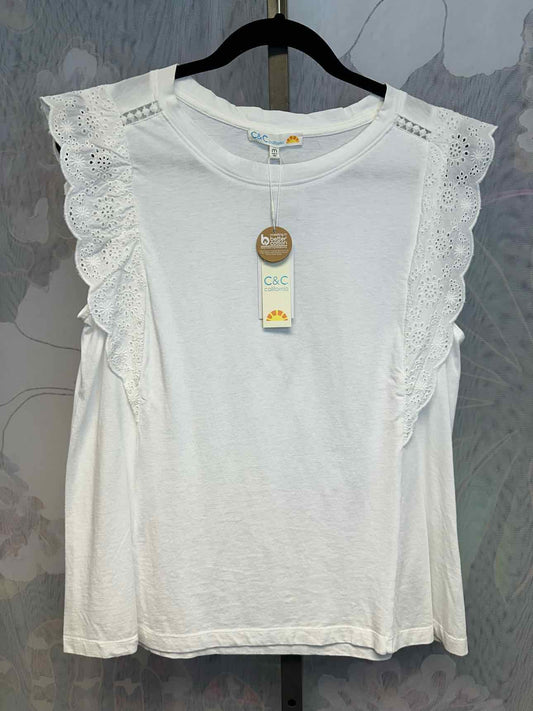 C&C Size Medium Sleeveless Embroidered Ruffle Sleeves White Top NEW