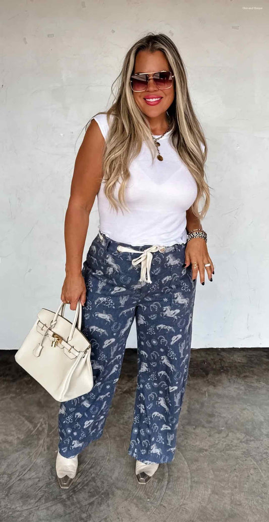 Rodeo Sky Denim Cowboy Print Wide Leg Pants Size L/XL