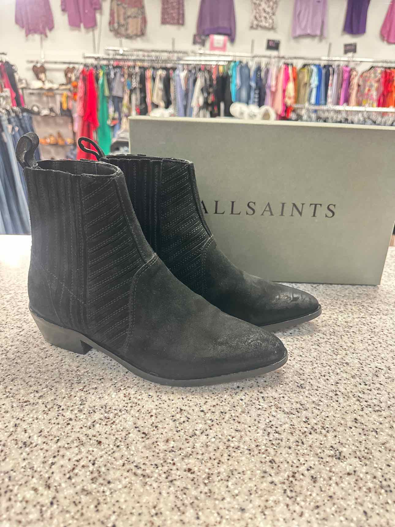AllSaints Size 37 Black Fion Chelsea Suede Leather Pointed Toe Boots