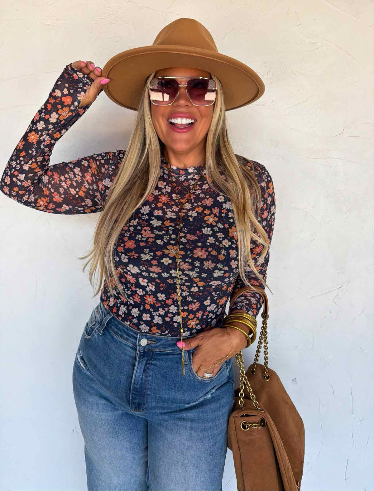 Fall Flower Dress It Up Mesh Long Sleeve Top