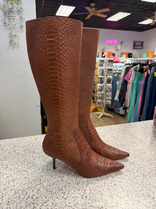 Max Studio 8 Knee High Snakeskin Embossed Pointed Toe Stiletto Brown Boots NEW
