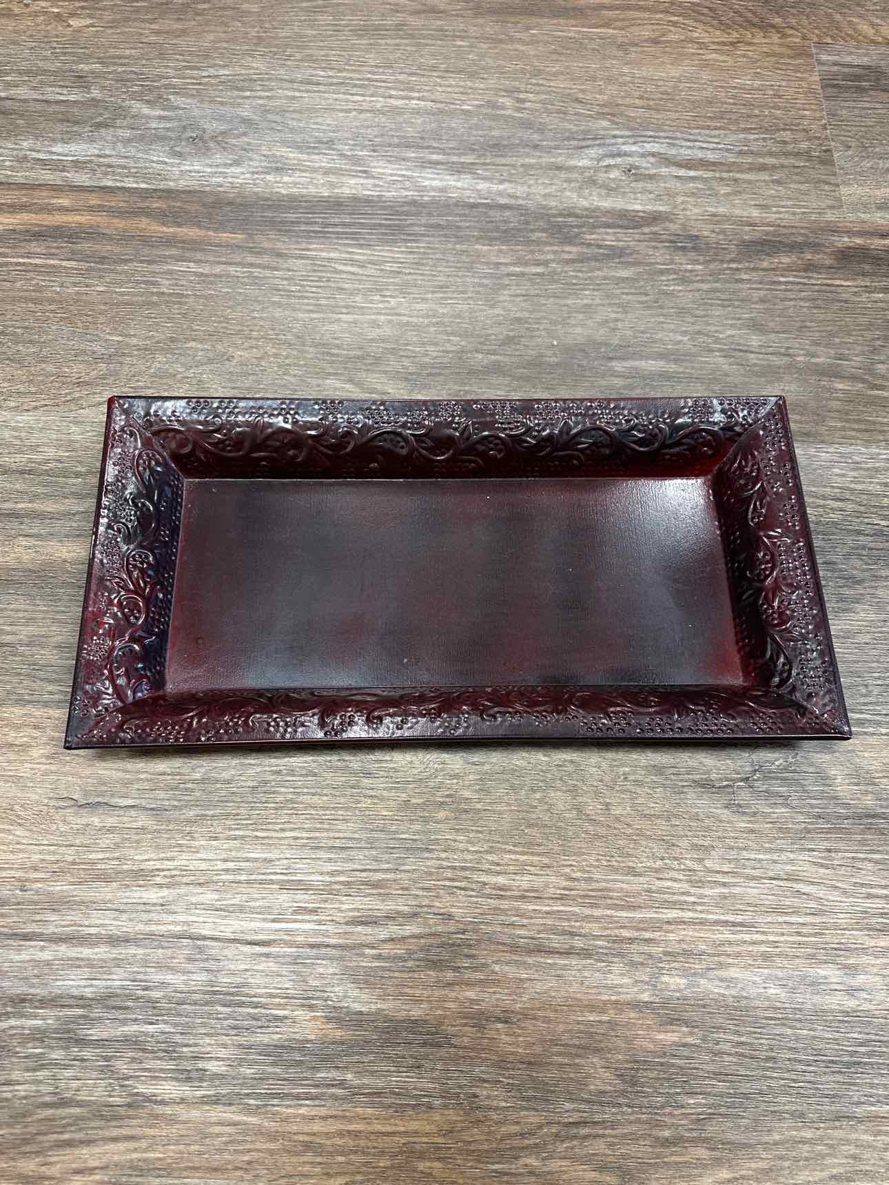 Metal Decorative Embossed Floral Pattern Tray Maroon Home Decor