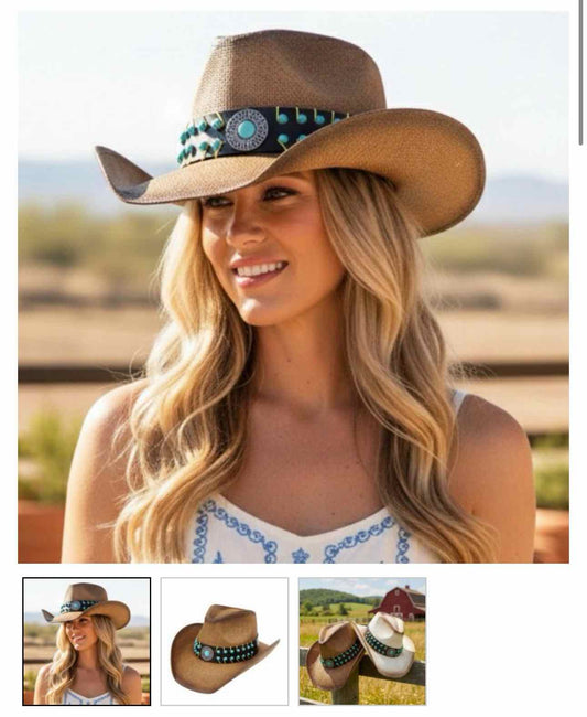 Two Tone Straw Cowboy Hat With Turquoise Studs & Concho