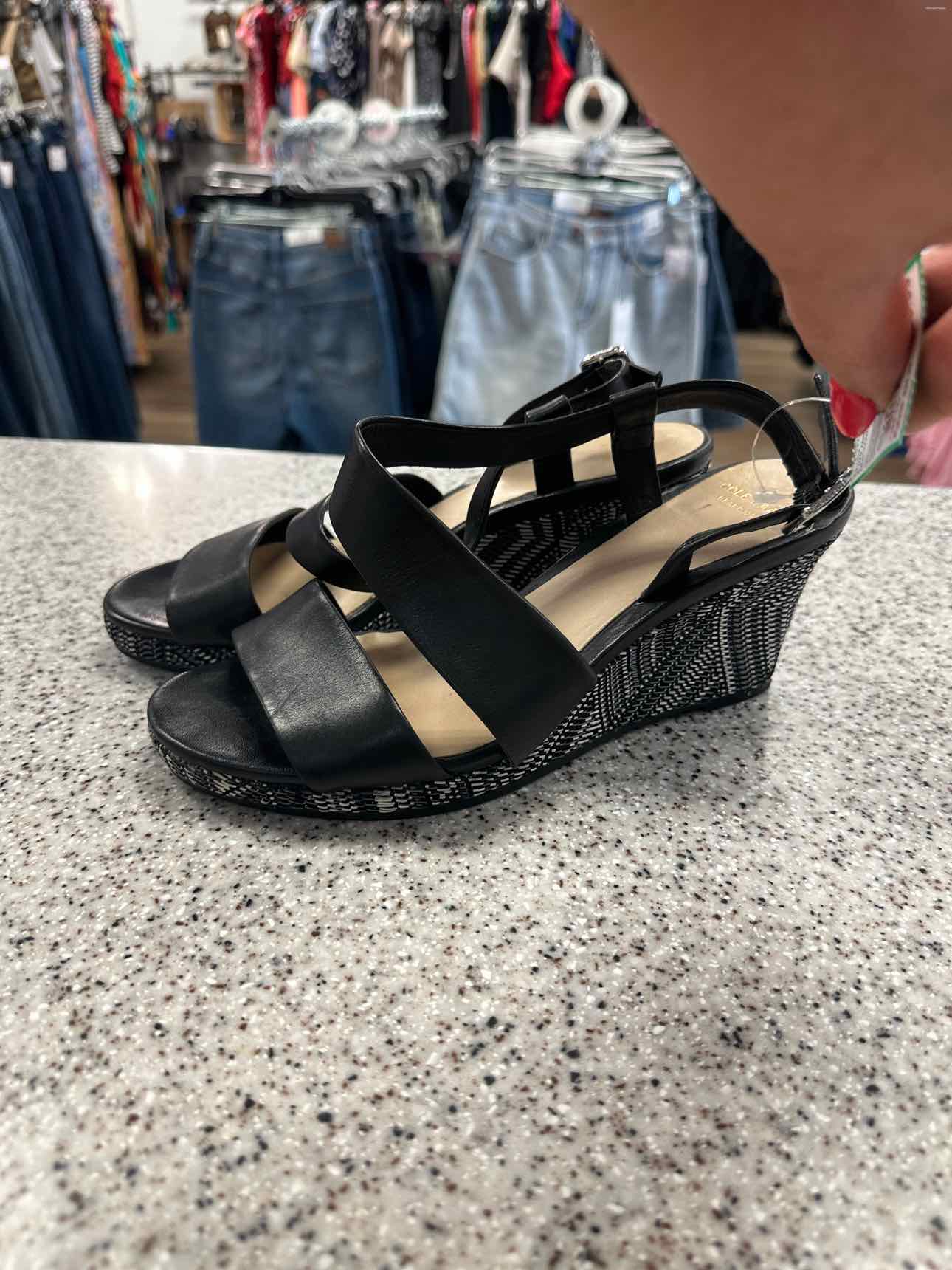 Cole Haan Size 7 Ravenna embroidered woven strappy heel Black White Sandal Shoes