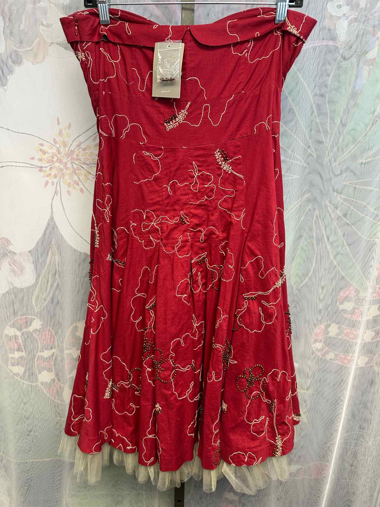 Tibi Size 6 Red Floral Embroidered Strapless A-Line Formal Dress NEW NWT
