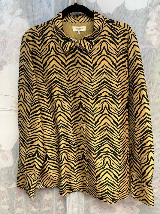 Lafayette 148 100% SILK Zebra Print Collared Button Down Size XL Brown/Black Top