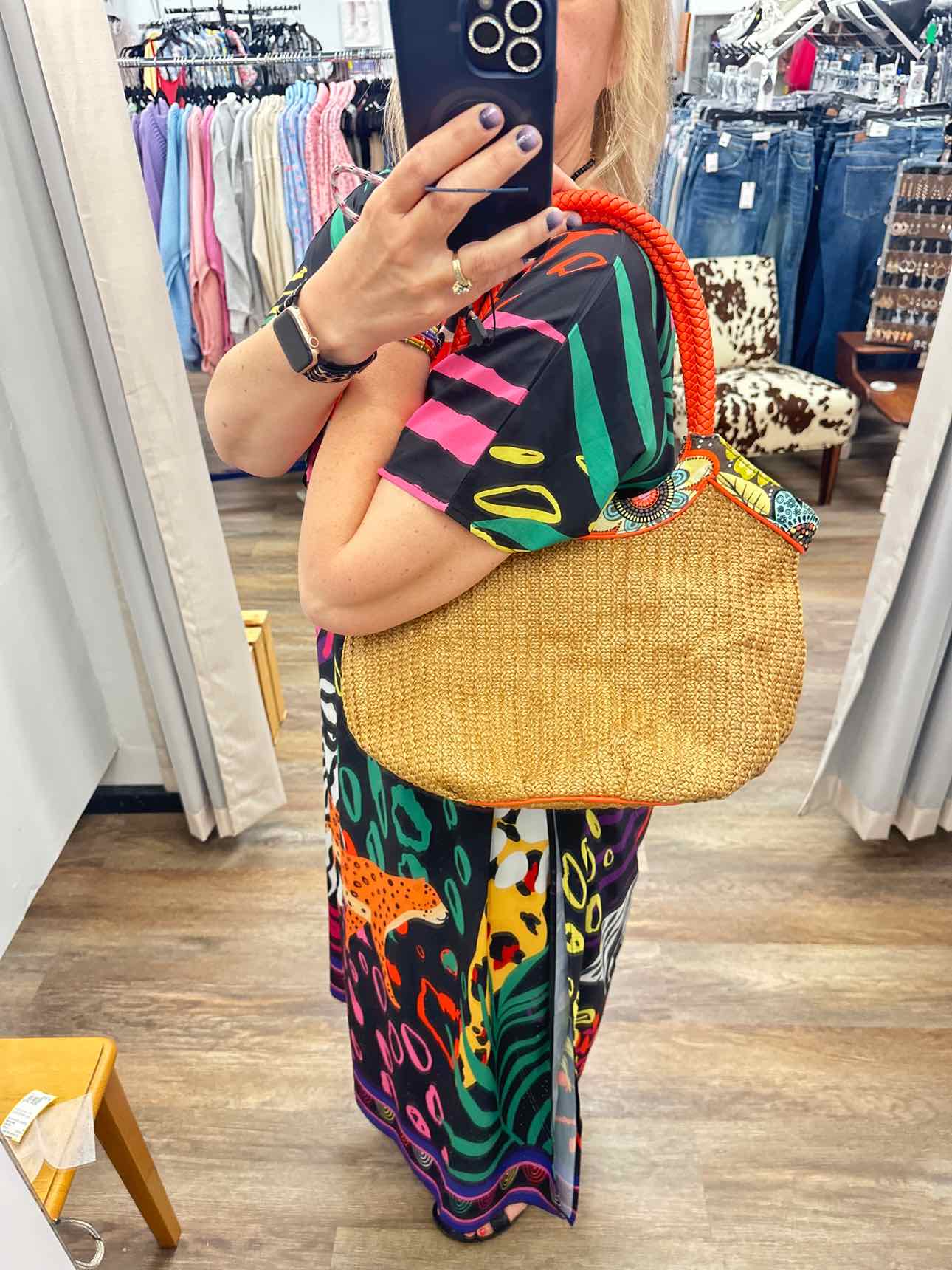 Vera Bradley Straw Bucket Tote Floral Pattern Brown and Orange Trim Handbag
