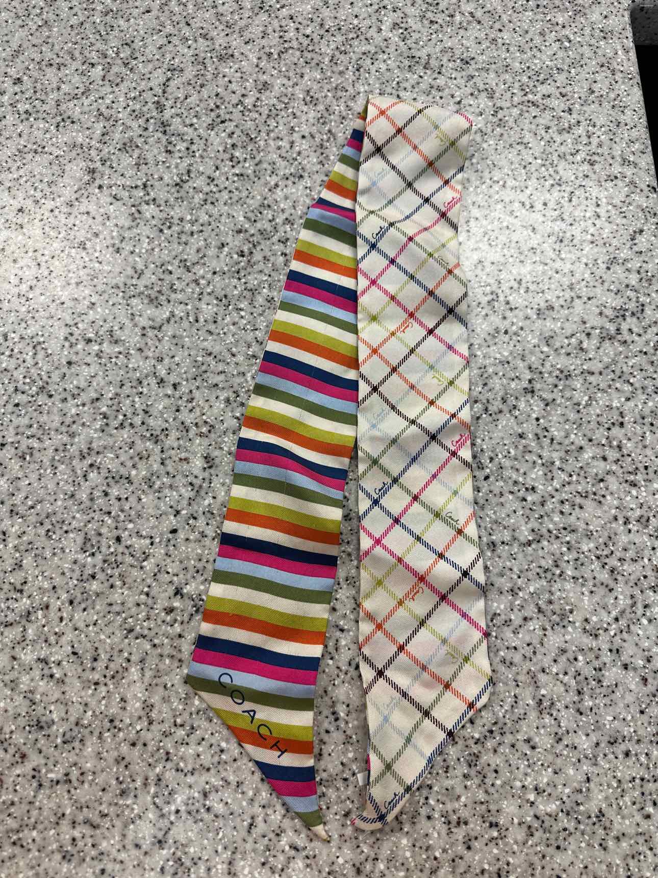 Coach Skinny Tattersall Silk Stripe and Classic Check Print Scarf